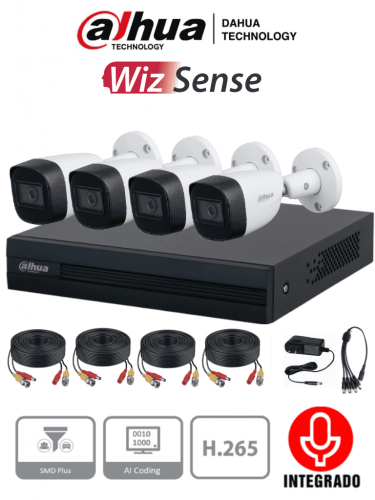 Kit 4 Camaras Bullet 2mp Audio Dvr 1080p Lite Wizsense DAHUA KITXVR1B04-I HFW1200CMA