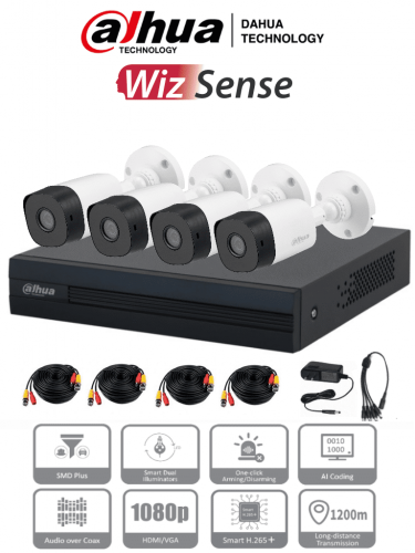 Kit de Videovigilancia Dahua con DVR de 4 Canales 2MP, H.265  y 4 Cámaras de Vigilancia B1A21 tipo Bullet de 1080p. DH-KIT XVR1B04-I 4-B1A21N-0360B, 